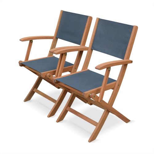 Sweeek Fauteuils de jardin en bois et textilène - Almeria Gris anthracite - 2 fauteuils pliants en bois d'Eucalyptus huilé et textilène