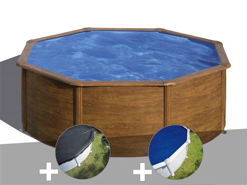 Kit piscine acier aspect bois Gré Pacific ronde 3,70 x 1,22 m + Bâche d'hivernage + Bâche à bulles