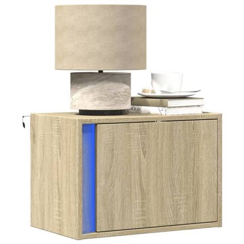 vidaXL Table de chevet murale avec lumières LED chêne sonoma, table de chevet flottante, support de téléphone, table de 852093