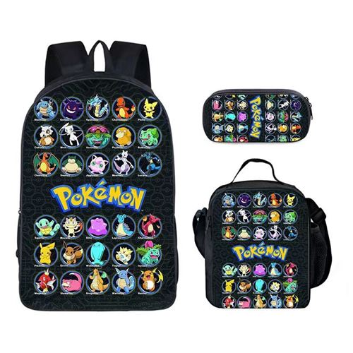 Lot de 3 pièces Sac à Dos, Trousse à crayons, Sac à Bandoulière Pokémon pour Enfants (SD2184) Noir