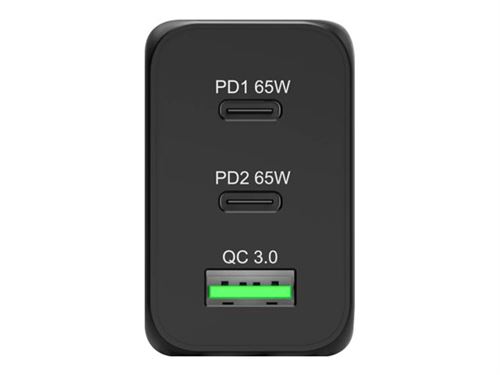 Chargeur secteur Port GaN 65 Watt avec 2 ports USB-C + 1 port USB + câble USB-C 2 m Noir