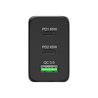 Chargeur secteur Port GaN 65 Watt avec 2 ports USB-C + 1 port USB + câble USB-C 2 m Noir - 1