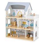 Maison de Poupée Bois avec Terrasse et Accessoires, Maison de Poupée à 3 Niveaux, 5 Pièces