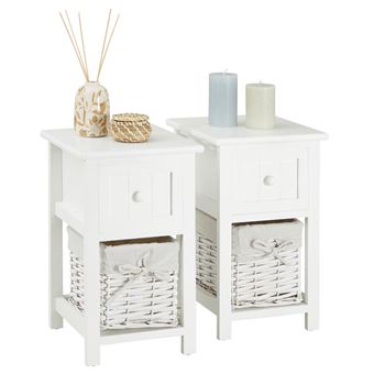 Lot De 2 Tables De Chevet ACHILLE – Blanc Et Plateau Bois Hêtre – 1 Tiroir + 1 étagère – Dimensions 40x30x60 Cm – À Monter Soi-même