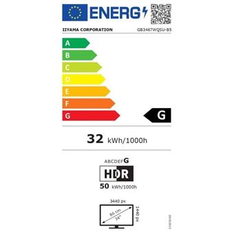 iiyama G-MASTER Red Eagle GB3467WQSU-B5 - Écran LED - incurvé - 34" - 3440 x 1440 UWQHD @ 165 Hz - VA - 550 cd/m² - 3000:1 - HDR400 - 0.4 ms - 2xHDMI, 2xDisplayPort - haut-parleurs - noir mat