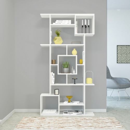 HOMEMANIA Bibliothèque Marie Meuble Murale, Étagère de Rangement - avec Compartiments - pour Séjour, Bureau, Entrée - Blanc en Bois, 92 x 28 x 173 cm