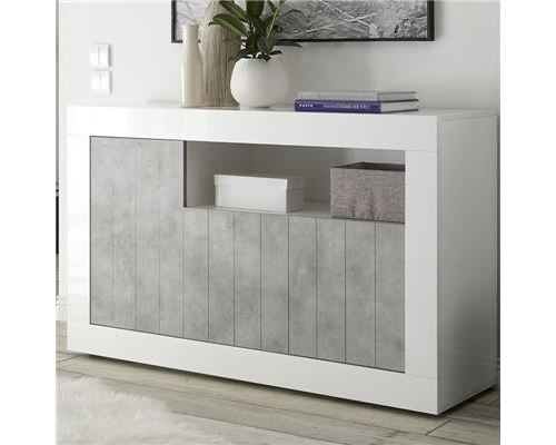 Petit bahut 140 cm blanc effet béton gris moderne URBAN 5 - L 138 x P 42 x H 86 cm