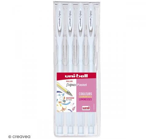 Pochette stylos roller gel Signo Pastel - Ecriture moyenne 0,7 mm - Blanc - 4 pcs