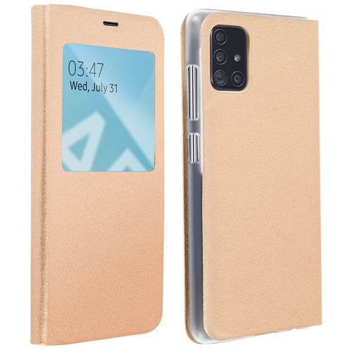 Avizar Etui pour Samsung Galaxy A51 Protection Intégrale avec Fenêtre d'affichage Dorée