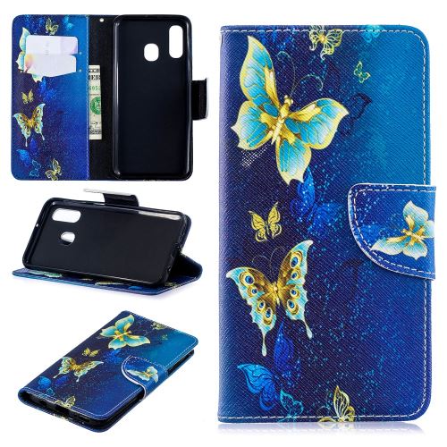 Etui en PU feuille de papier pour l'impression de motifs papillons bleus pour votre Samsung Galaxy A40
