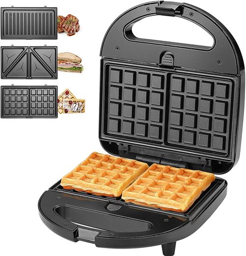 KotiCidsin Gaufrier multifonction, Croque Monsieur, Grill et Gaufrier 3 en 1, Grande Puissance de 750W - Noir