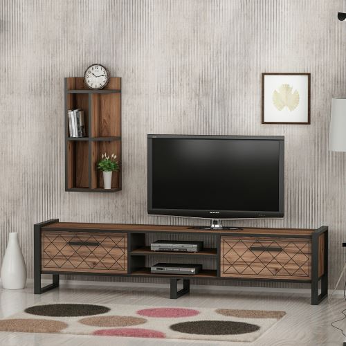 HOMEMANIA Meuble TV Megy - avec Portes, Étagères - pour Salon en Bois, Métal, 184 x 39 x 45 cm