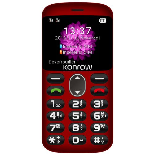 Téléphone portable Konrow Senior - Écran 2'' - Double Sim - Rouge (Dock de charge Fourni)