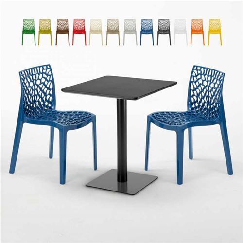 Table carrée 60x60 noire avec 2 chaises colorées Gruvyer Licorice, Couleur: Bleu