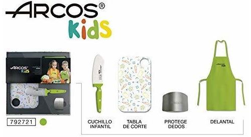 Arcos Kids - Ensemble de Cuisine pour Enfants (Couteau pour Enfants + Tablier + Planche à découper + protège-Doigts) - Couleur Vert
