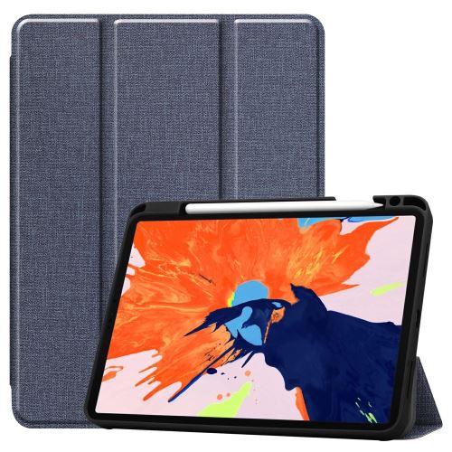 Etui en PU + TPU trois plis en jean avec support et porte-stylo bleu foncé pour votre Apple iPad Pro 12.9 pouces (2020)