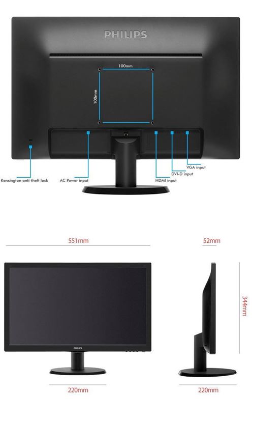 Philips V-line 243V5QHSBA - LED-monitor - 23.6 - 1920 x 1080 Full HD (1080p) - MVA - 250 cd/m² - 3000:1 - 8 ms - HDMI, DVI-D, VGA - textuurzwart, zwart streepjespatroon
