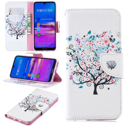 Etui en PU feuille de papier pour l'impression motifs arbre fleuri pour votre Huawei Honor 8A