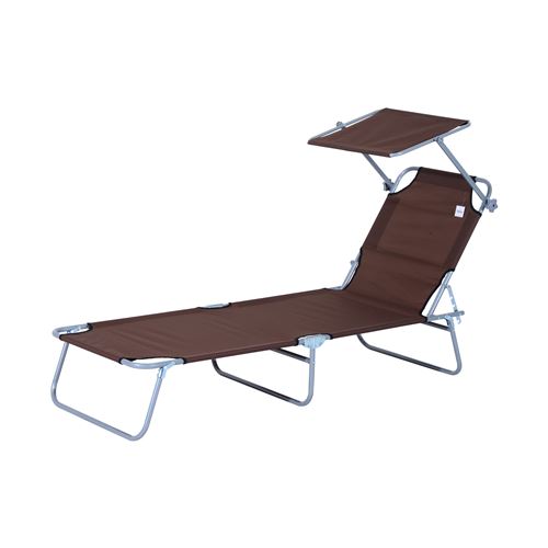 Outsunny Transat bain de soleil pliable grand confort dossier et pare-soleil réglable multi-positions Marron - vue 3