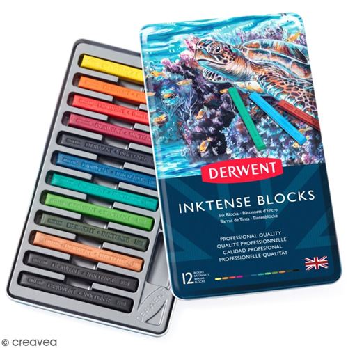 Pastels secs Derwent Inktense Bâtonnets - Boîte métal de 12 pastels