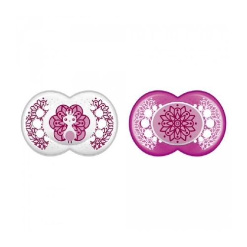 mam sucette décor animaux - a partir de 18 mois - silicone - lot de 2 sucettes en boîte de stérilisation - rose