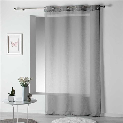 Panneau a oeillets 140 x 240 cm voile sable top pompons poupette Gris Douceur d'Intérieur