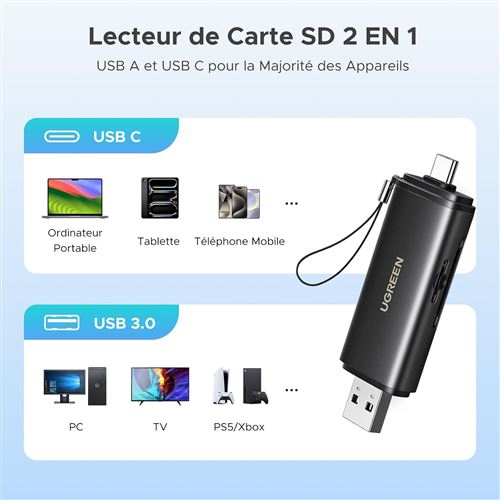 UGREEN Lecteur Carte SD 4.0 UHS-II USB C & USB A 312MB/s - Adaptateur Micro SD TF Aluminium Pour IPhone 16 Pro Max, MacBook, Galaxy S25