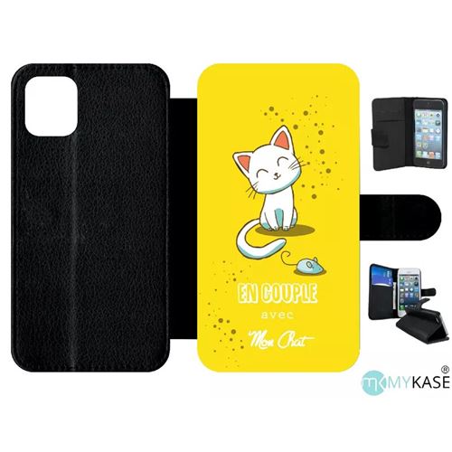 Etui My-Kase pour iPhone 11 - en couple avec mon chat fond jeune - Simili-cuir Noir