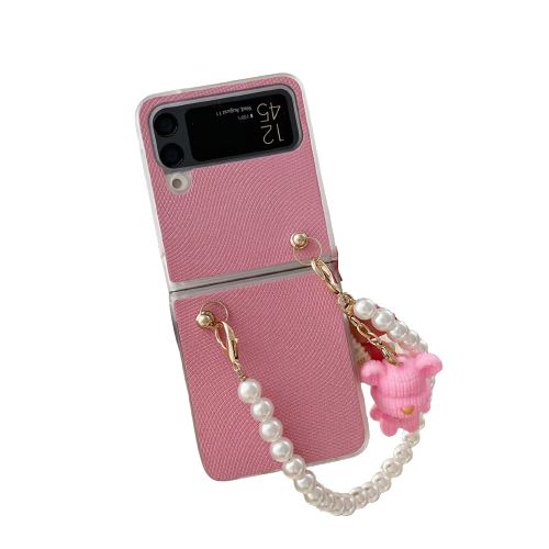 Coque Compatible Samsung Galaxy Z Flip 4 en PU Cuir FONGWAN avec Bracelet Lanière et Pendentif Ours - Rose