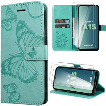 Coque + 2 Verres Trempés pour Samsung Galaxy A15 4G/5G, Vert, Motif Papillon en Cuir Synthétique avec Béquille - BOOLING - 1