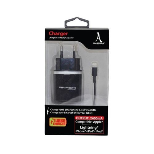 Akashi Chargeur Secteur 2.4A 2xUSB + Câble Lightning - USB