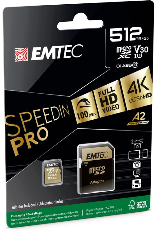 EMTEC SpeedIN PRO - Carte mémoire flash (adaptateur SD inclus(e)) - 512 Go - A2 / Video Class V30 / UHS-I U3 / Class10 - 670x - microSDXC UHS-I