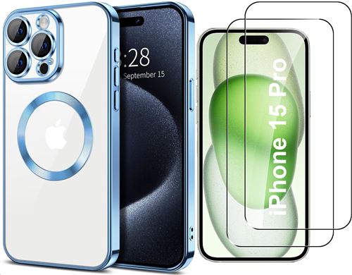 Coque Silicone Pour iPhone 15 Pro Couleur Bleu Compatible Magsafe + 2 Verres Trempe Protection Ecran Little Boutik®