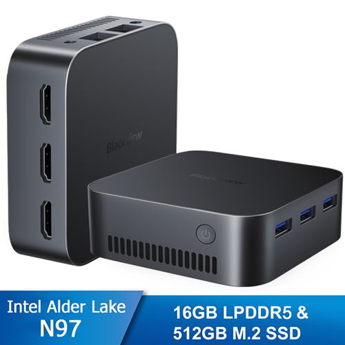 Mini PC Blackview MP80 RAM 16 Go Stockage 512 Go M.2 SSD, Windows 11 Pro, WiFi 2.4G+5G, Intel Alder Lake N97, 3.60 GHz - Noir