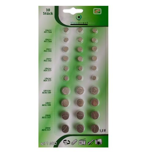 Lot de 30 Piles bouton plates Alkaline 1,5V compatibles AG1/AG3/AG4/AG10/AG12/AG13 - Visiodirect -