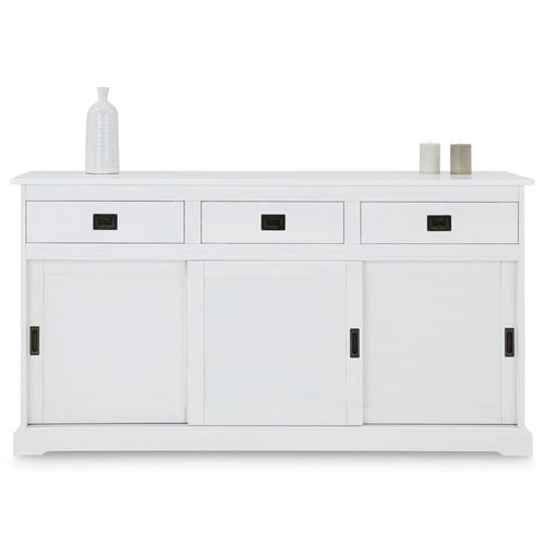 Buffet SAVONA en pin massif, 3 tiroirs et 3 portes, lasuré blanc