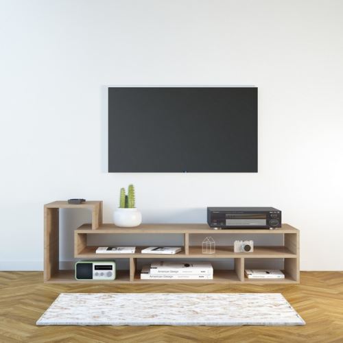 HOMEMANIA Meuble TV Mikey - avec Compartiments - pour Salon - en Bois Naturel, 135 x 40 x 42 cm
