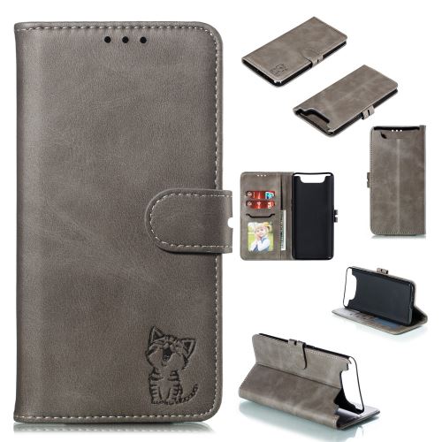 Etui en PU modèle de chat gris pour votre Samsung Galaxy A80/A90