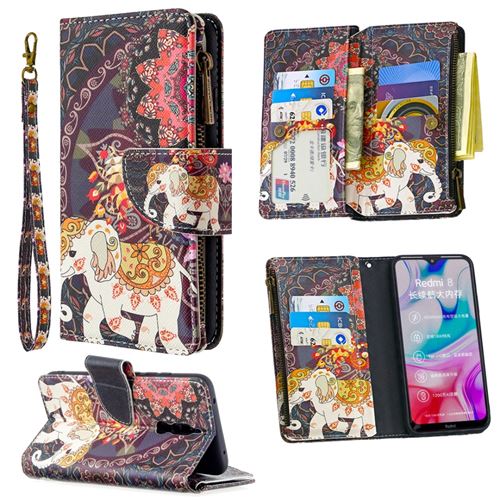 Etui en PU fermeture éclair à motifs avec support et plusieurs porte-cartes l'éléphant pour votre Xiaomi Redmi 8