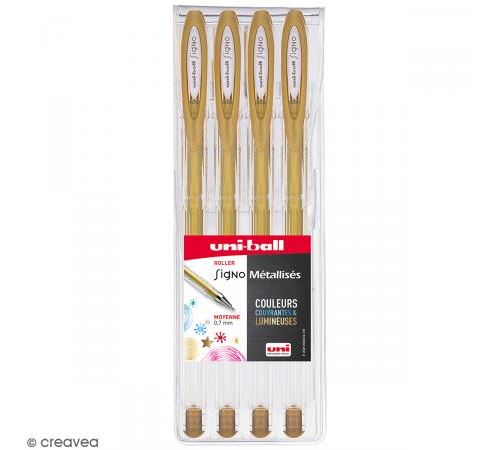 Pochette stylos roller gel Signo Métallisés - Ecriture moyenne 0,7 mm - Doré - 4 pcs