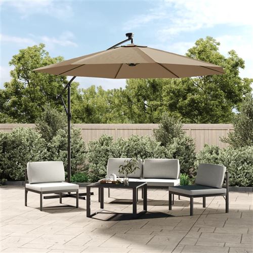 Parasol en porte-&agrave;-faux LED et m&acirc;t en acier 300 cm Taupe