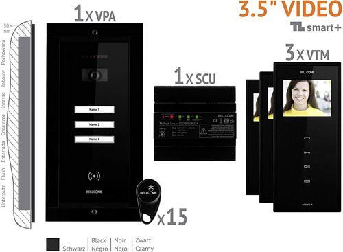 Bellcome Video-Türsprechanlage Kabelgebunden Komplett-Set VKM.P3FR.T3S4.BLB04 3 Familienhaus Schwar