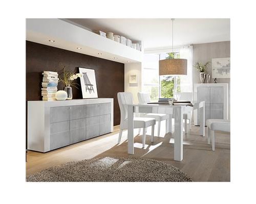Salle à manger complète blanc laqué brillant et béton FACTORY - Blanc - L 92 x P 42 x H 125 cm