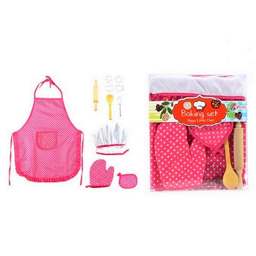 Ensemble de cuisine enfant gant tablier toque fouet rouleau cuillere patisserie bois rose