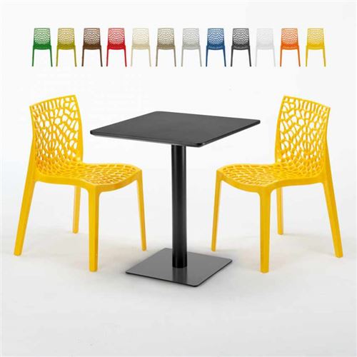 Table carrée 60x60 noire avec 2 chaises colorées Gruvyer Licorice, Couleur: Jaune