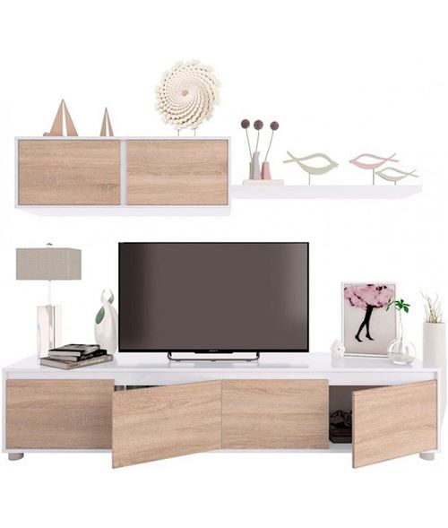 Ensemble TV en panneaux de particules blanc et imitation chene -PEGANE-
