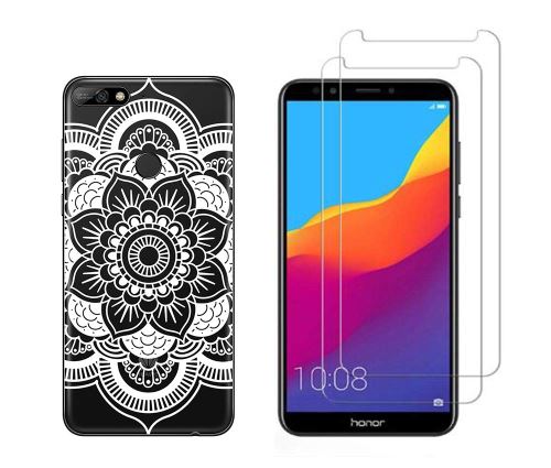 NOVAGO Compatible avec Huawei Y7 2018 Coque Souple Solide Anti Choc avec Impression + 2 Films Protection écran Verre trempé résistant ( Rosace )