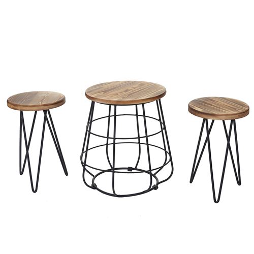 2x tabouret avec table MENDLER HWC-A80, ensemble, desgin industriel, bois naturel