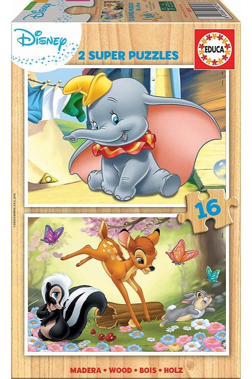 Coffret 2 puzzles en bois enfant : 16 pieces - bambi et l'elephant dumbo - educa collection disney