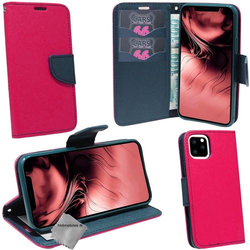 Housse etui coque pochette portefeuille pour Apple iPhone 11 Pro Max avec film ecran - ROSE / BLEU